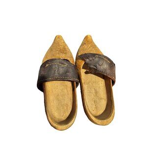 Vintage Dutch Wooden Clogs Leather Strap Embossed Rooster Design Handcarved